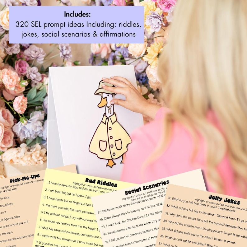 May include: A set of printable cards with different activities for social and emotional learning (SEL). The cards are divided into three categories: Pick-Me-Ups, Rad Riddles, and Social Scenarios. The cards feature colorful illustrations and text. The text on the cards includes prompts for self-reflection, social interaction, and problem-solving.
