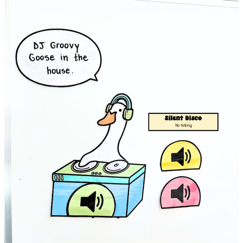 May include: A white goose wearing headphones is DJing at a silent disco. The goose is standing on a blue and green DJ mixer with two turntables. There are two yellow and pink sound icons on the wall. The text "Silent Disco" and "No talking" is written on a yellow rectangle. The text "DJ Groovy Goose in the house." is written in a speech bubble.