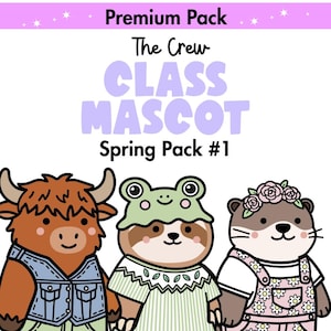 Op de afbeelding: Een digitale illustratie met drie cartoonmascottes: een yak, een wasbeer en een otter. De yak draagt een spijkerbroekvest, de wasbeer een kikkerhoed en de otter een bloemenkrans. Tekst luidt "Premium Pack", "The Crew", "Class Mascot" en "Spring Pack #1".