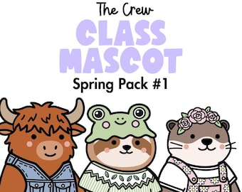 May include: A digital illustration featuring three cartoon mascots: a yak, a raccoon, and an otter. The yak wears a denim vest, the raccoon a frog hat, and the otter a floral crown. Text reads "Premium Pack", "The Crew", "Class Mascot", and "Spring Pack #1".