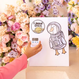 May include: A white board with a cartoon of a goose wearing an astronaut suit and a sticker that says "I need space". A white timer with a digital display is in the bottom left corner of the board.