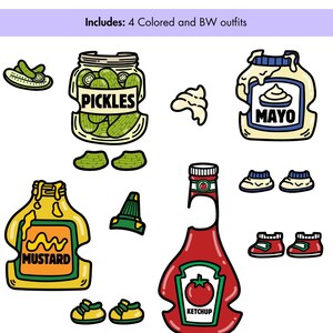 Peut inclure: Un ensemble d'illustrations num&eacute;riques comprenant quatre tenues sur le th&egrave;me des condiments, dont un bocal de cornichons, un pot de mayonnaise, une bouteille de moutarde et une bouteille de ketchup. Le texte Includes: 4 Colored and BW outfits est affich&eacute;.