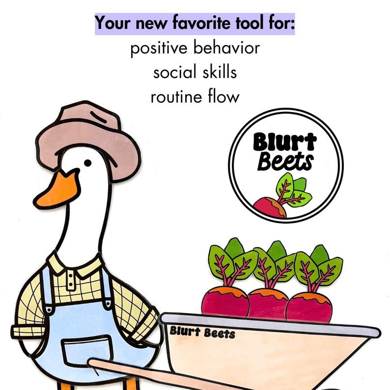 May include: A cartoon goose wearing a hat and overalls pushes a wheelbarrow full of red beets with green leaves. The wheelbarrow has the text "Blurt Beets" on the side. The image is a cartoon illustration of a goose farmer.