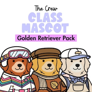 May include: A digital illustration featuring three Golden Retriever dogs wearing different outfits. The text reads The Crew CLASS MASCOT Golden Retriever Pack. The dogs are dressed in a ski suit, a brown jacket with a scarf, and overalls with a cap.