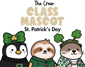 May include: Illustration featuring three cartoon mascots for St. Patrick's Day. A penguin, sloth, and otter are dressed in green and white, with shamrock accents. Text at the top reads "Premium Pack" and "Class Mascot".