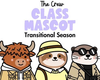 May include: Illustration featuring three cartoon mascots: a yak, a sloth, and an otter. The text "Premium Pack," "The Crew," "Class Mascot," and "Transitional Season" are displayed above the mascots. The yak wears a tan jacket, the sloth a yellow outfit, and the otter a trench coat.