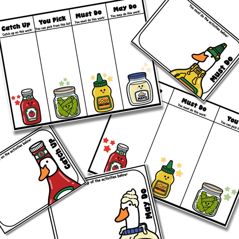 Peut inclure: Un ensemble de tableaux de t&acirc;ches scolaires imprimables avec des illustrations de condiments comme le ketchup, les cornichons, la moutarde et la mayonnaise, ainsi que des canards v&ecirc;tus de tenues th&eacute;matiques, avec les titres Catch Up, You Pick, Must Do et May Do.