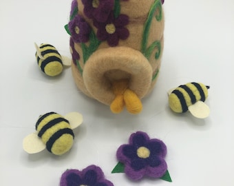 Needle Felted Beehive with Flowers and Bees Mobile; Honey Bee Baby Mobile