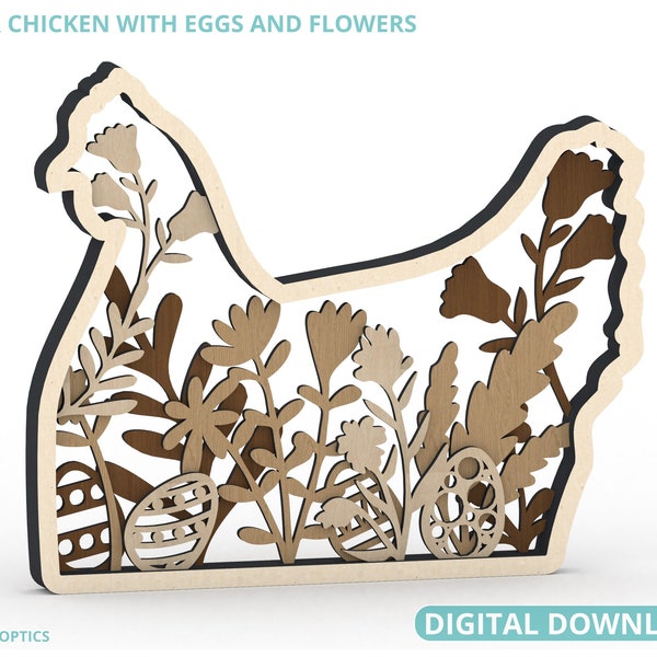 Easter Laser Cut File Chicken with eggs and flowers multilayer SVG Digital Download for GlowForge, LightBurn, xTool, Cricut, Silhouette, etc