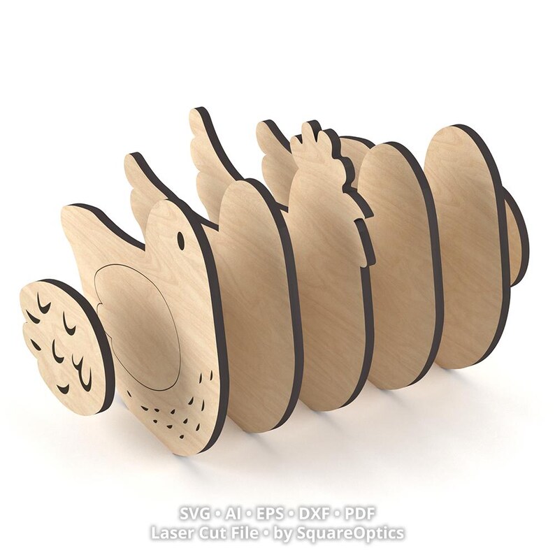 May include: A light-colored wooden chicken-shaped structure composed of several flat, laser-cut panels arranged in a row. The text SVG AI EPS DXF PDF Laser Cut File by SquareOptics is visible at the bottom of the image.