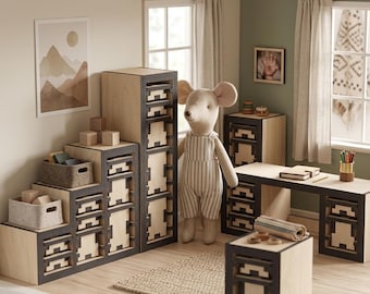 Juego de 10 estanterías en miniatura inspiradas en la Ikea Trofast - Muebles para casa de muñecas a escala 1:12 (3 mm) - Descarga digital SVG para corte láser y Cricut.