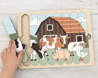 Rompecabezas de palitos de helado SVG, rompecabezas de madera de animales de granja para niños pequeños, juego de combinación Montessori, juguete educativo, regalo para bebé.