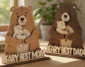 SVG de Mamá y Papá Oso para Estante - El Mejor Mamá y Papá Oso - Regalo con Juego de Palabras para el Día de la Madre y el Día del Padre - Decoración de Madera Multicapa.
