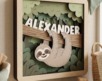 Caja de sombras de perezoso personalizada SVG / Decoración de habitación con nombre personalizado 3D para niños / Regalo de guardería para bebé en la jungla / Descarga digital cortada con láser.
