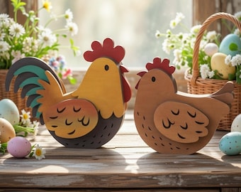 Decoración de pollo de Pascua SVG / Gallo y gallina para estanterías / Decoración de primavera con capas de estilo rústico / Descarga digital