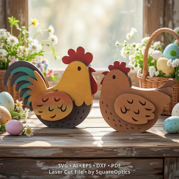 Easter Chicken Décor SVG | Rooster and Hen Shelf Sitters | Layered Farmhouse Spring Home Decoration | Digital Download