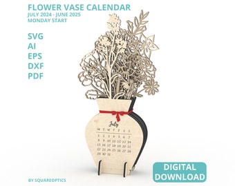 Bloemenvaaskalender juli 2024 - juni 2025 Lasergesneden bestand SVG digitale download voor GlowForge, LightBurn, xTool, Cricut, silhouet, enz