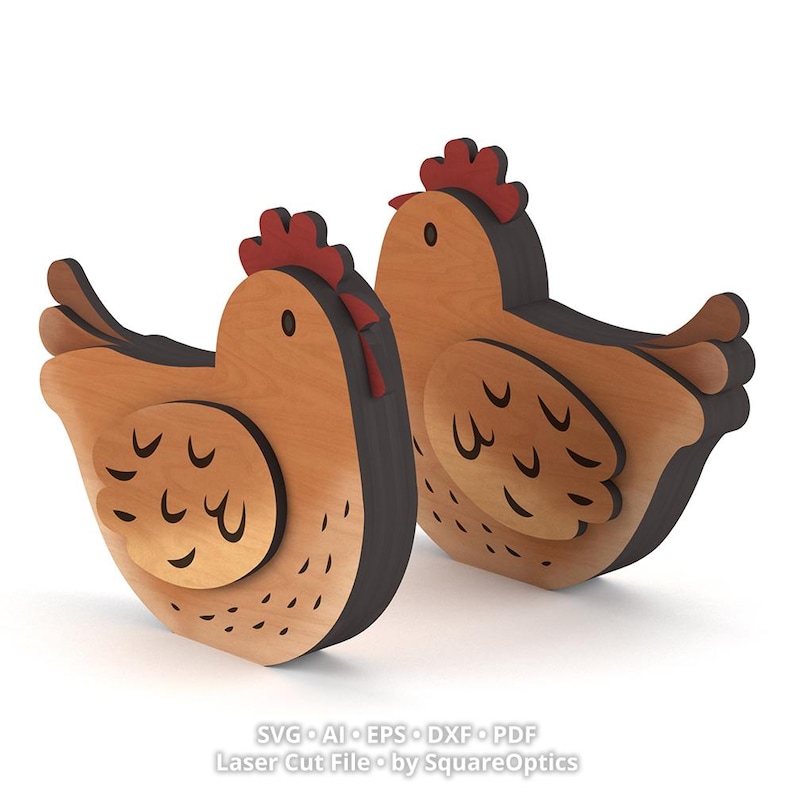 May include: Two wooden chicken figures featuring light brown bodies with dark brown edges, red combs, and dark brown wing details. The text at the bottom reads: SVG AI EPS DXF PDF Laser Cut File by SquareOptics. These are flat, layered designs.