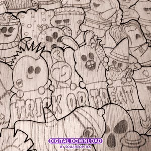 K&ouml;nnte beinhalten: Detaillierte Schwarz-Wei&szlig;-Illustration von Halloween-Charakteren, darunter ein K&uuml;rbis, eine Hexe und ein Hase, mit den Worten "Trick or Treat". Das Bild hat einen digitalen Download-Stempel.