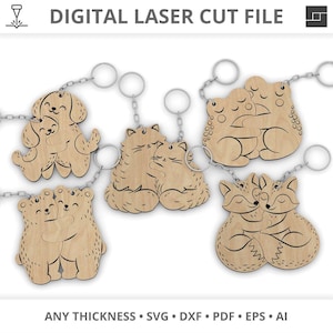Portachiavi regalo di San Valentino per coppie, simpatici animali che si abbracciano e si coccolano: gatti, cani, volpi, orsi, rane. Set coordinato, file SVG per taglio laser, download digitale.