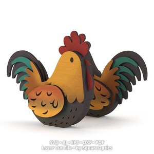 May include: A layered wooden rooster figurine featuring a red comb, yellow head, and dark brown body with teal and orange wing accents. The text SVG, AI, EPS, DXF, PDF, Laser Cut File, by SquareOptics is printed at the bottom of the image.