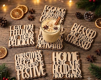 Juego de 6 posavasos divertidos con temática navideña. Archivo SVG de corte láser para descarga digital compatible con GlowForge, LightBurn, xTool, Cricut, Silhouette, etc.