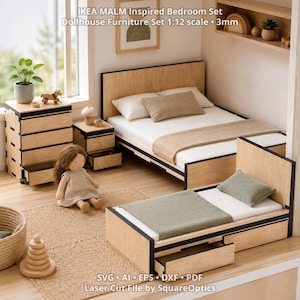 May include: A miniature bedroom set inspired by IKEA MALM, featuring two beds, a dresser, and a nightstand. The furniture is made of light-colored wood with black accents. The set includes bedding, a doll, and decorative items. The text "IKEA MALM Inspired Bedroom Set" is visible.