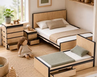 Conjunto de dormitorio Malm inspirado en Ikea, 5 piezas, miniatura a escala 1:12 (3 mm), muebles modernos escandinavos para casa de muñecas cortados con láser, descarga digital SVG.