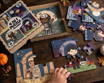 Rompecabezas de Halloween 4 en 1 para niños pequeños con caja de almacenamiento / Juego de aprendizaje DIY de 4, 6, 9 y 12 piezas / Archivo de corte láser / Descarga digital