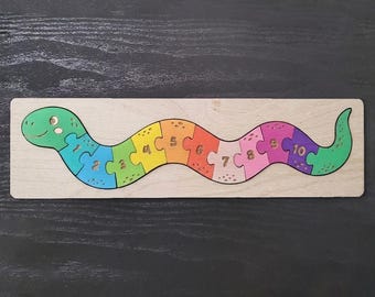 Rompecabezas de serpiente numerado / Juguete Montessori de 12 piezas para niños pequeños y preescolares / Archivo SVG cortado con láser / Descarga digital para manualidades en madera