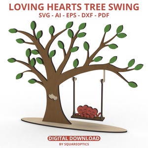 Regalo di anniversario di San Valentino, cuori innamorati su un'altalena sull'albero, coppia carina che si abbraccia e si coccola, file SVG tagliato al laser, download digitale