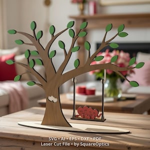 Valentijnscadeau, liefdevolle harten op een boomschommel, schattig knuffelend paar knuffelen, lasergesneden digitale SVG-bestandsdownload