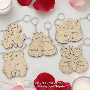 Portachiavi regalo di San Valentino con simpatici animali che si abbracciano, gatti, cani, volpi, orsi, rane, set coordinato, file tagliato al laser, SVG, download digitale