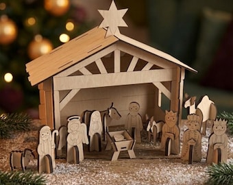 Archivo SVG de corte láser para belén navideño / Set de juego Montessori 3D de madera de 3 mm / Descarga instantánea para Glowforge, xTool, Omtech, etc.