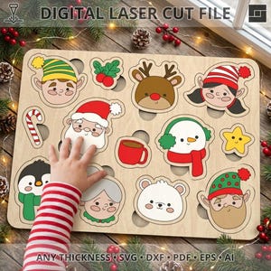 May include: A light-colored wooden puzzle board featuring various Christmas-themed cutouts including Santa Claus, a reindeer, a snowman, elves, a penguin, a candy cane, a star, a red mug, and holly berries, with a hand resting on the board.