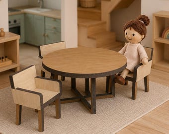 Juego de comedor inspirado en Ikea - Mörbylånga Mårenäs - Muebles de casa de muñecas cortados con láser en miniatura a escala 1:12 de 3 mm - Descarga digital SVG