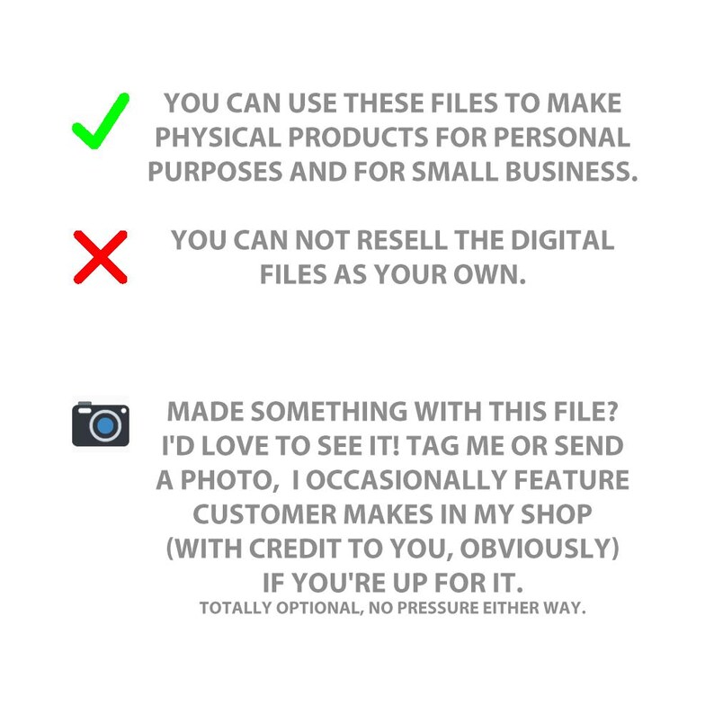 May include: A digital license agreement text with a green checkmark icon stating files can be used for personal and small business products, a red X icon stating digital files cannot be resold, and a camera icon inviting customers to share photos.