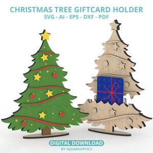 Portatarjetas de regalo con forma de árbol de Navidad con soporte, sobre para dinero de cumpleaños de invierno, archivo cortado con láser, descarga digital SVG multicapa
