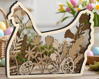 Easter Laser Cut File Chicken with eggs and flowers multilayer SVG Digital Download for GlowForge, LightBurn, xTool, Cricut, Silhouette, etc