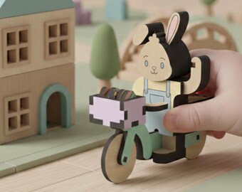 Figura de conejo de madera con bicicleta 1:24 Muñeca de casa de muñecas / Juego de juguetes Montessori Small World inspirado en Waldorf / Descarga digital SVG cortada con láser
