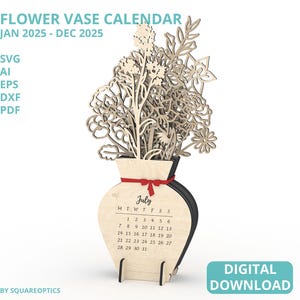 2025 bloemenvaas kalender verjaardag nieuw huis cadeau jan-dec lasergesneden bestand SVG digitale download voor GlowForge, LightBurn, xTool, Cricut enz