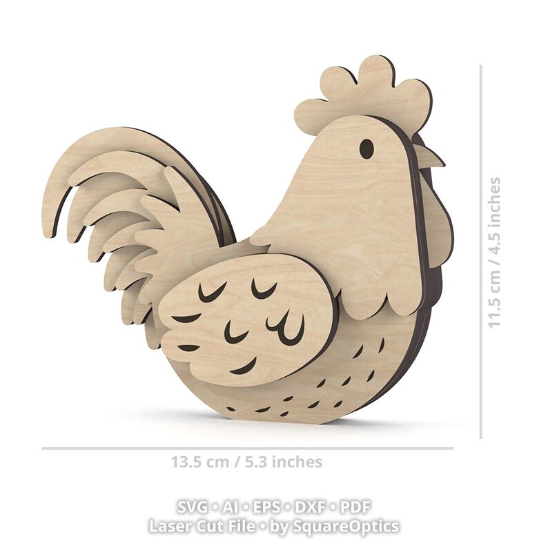 May include: A light-colored wooden rooster cutout with layered wing and tail feathers, measuring 5.3 inches wide by 4.5 inches high. The design features engraved details on the wing and body, with text below reading SVG AI EPS DXF PDF Laser Cut File by SquareOptics.