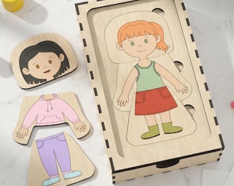 Dress Up Doll With 5 Outfits And Storage Box | 15 Pieces | Game for Toddlers And Preschoolers | Laser Cut File | Digital Download SVG