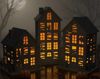 Halloween Spukhaus Teelichthalter Votivhaus Laterne für LED Kerzen 3 MM Laser Cut Datei SVG Digital Download