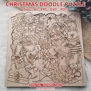 Christmas Doodle Jigsaw Puzzle, Winter Themed Family Game, Laser Cut File SVG Digital Download for Glowforge, LightBurn, xTool, Cricut, etc.