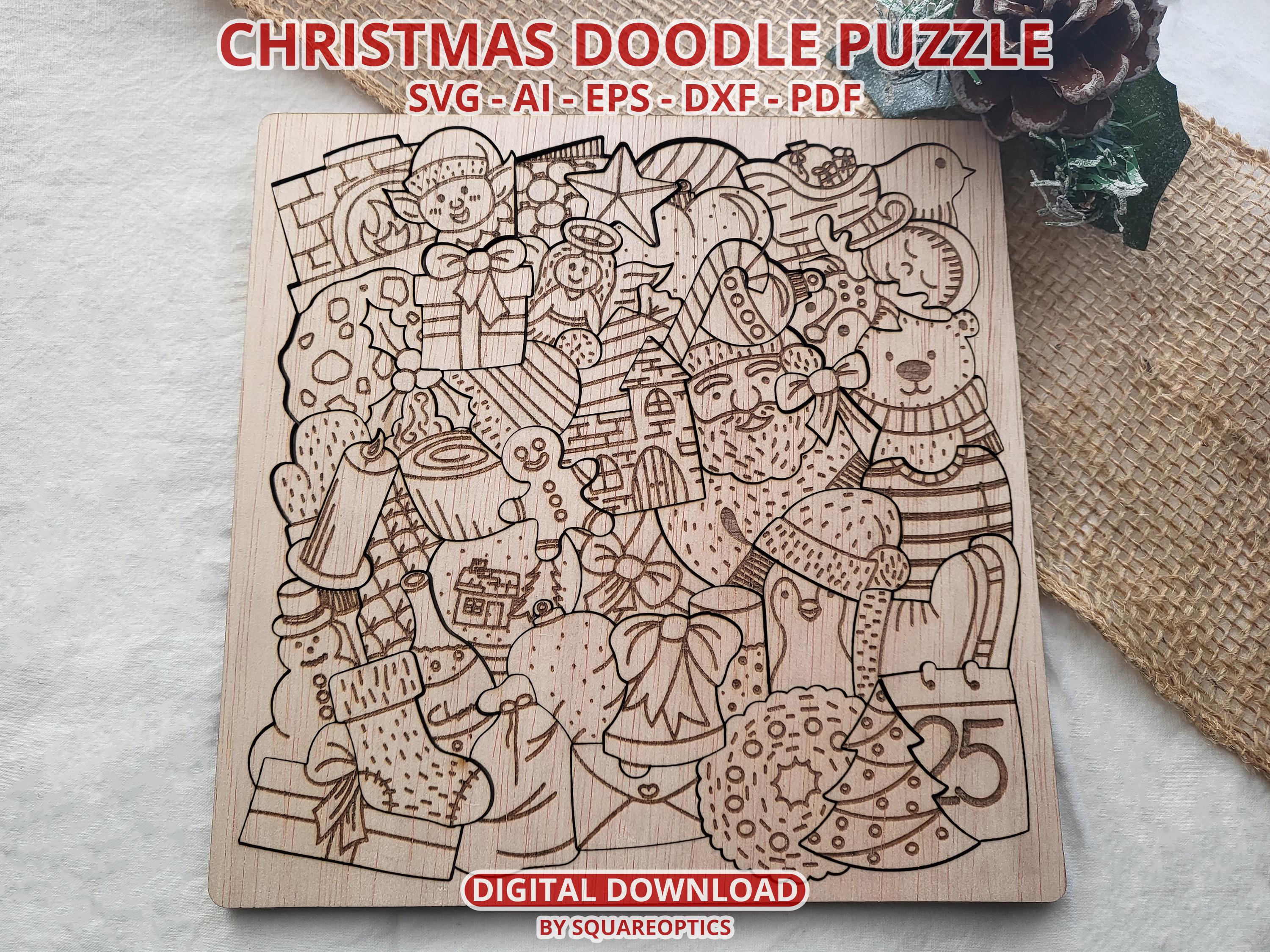 Christmas Doodle Jigsaw Puzzle, Winter Themed Family Game, Laser Cut File SVG Digital Download for Glowforge, LightBurn, xTool, Cricut, etc.