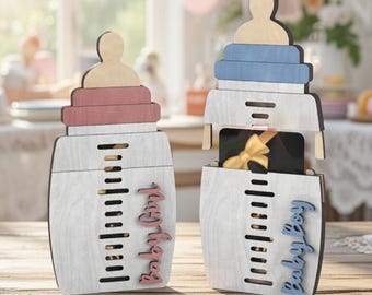 Porta tarjetas de regalo para biberones / Fiesta de revelación de género para baby shower / Archivo SVG multicapa cortado con láser / Descarga digital para Lightburn, etc.