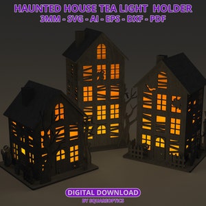 Halloween spookhuis griezelige theelichthouder votiefhuis lantaarn voor led-kaarsen 3 mm lasergesneden bestand SVG digitale download