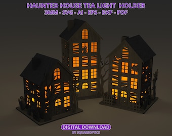 Halloween Haunted House Spooky Tealight Holder Votive House Lantern for LED Candles 3MM Laser Cut File SVG Digital Download