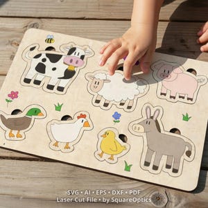 Fichier découpé au laser de gros casse-tête d'animaux de la ferme pour les tout-petits | Téléchargement numérique SVG pour GlowForge, LightBurn, xTool, etc.